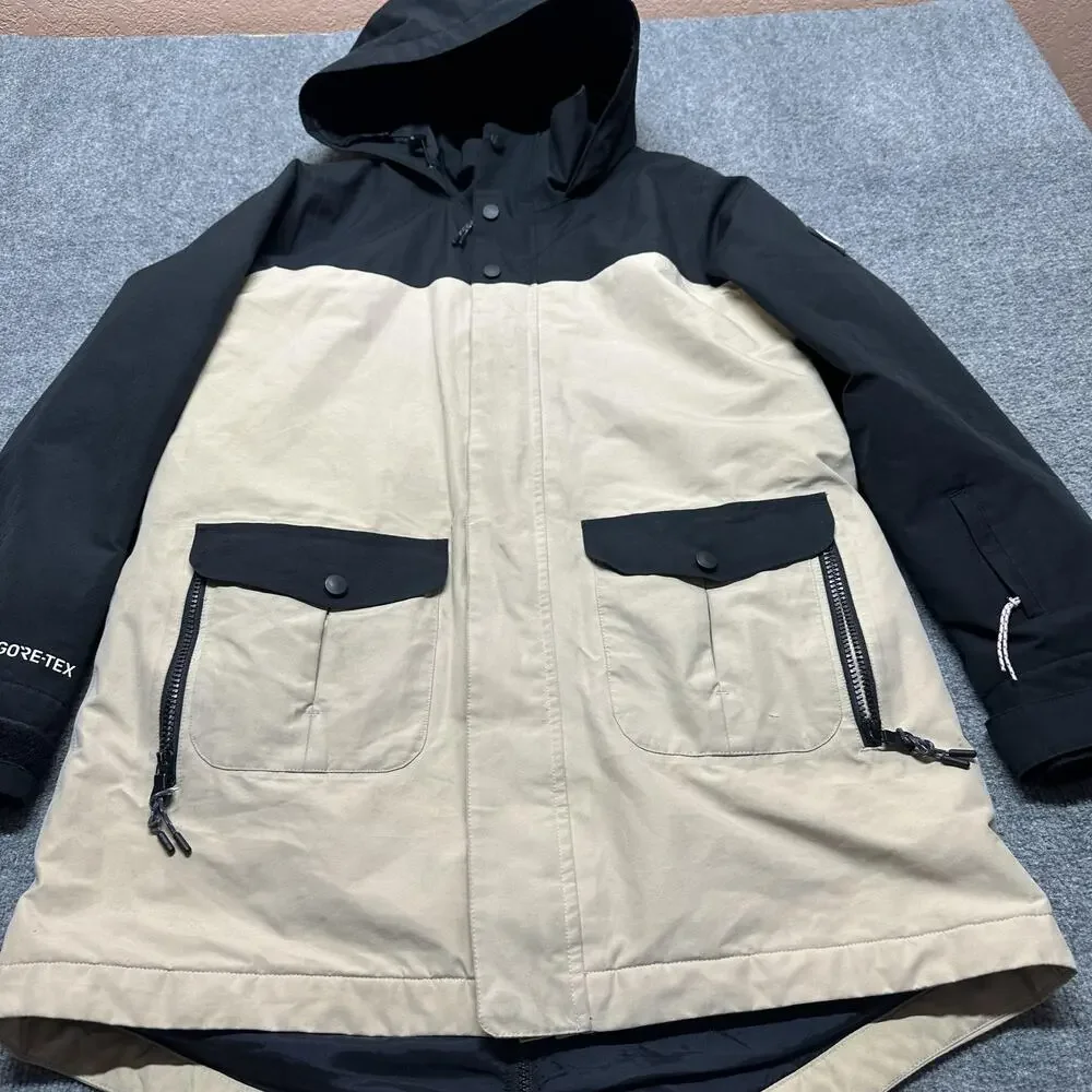 Burton GORE-TEX Living Lining Jacket Mens Small Beige Hooded Ski Snow Insulated